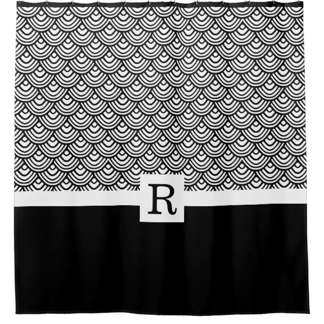 Elegant Black White Monogram Scale Scallop Pattern Shower Curtain (Front)