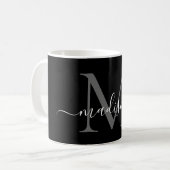 Elegant Black White Monogram Script Stylish Black Coffee Mug (Front Left)