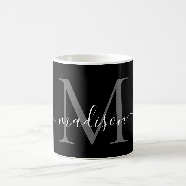 Elegant Black White Monogram Script Stylish Black Coffee Mug (Center)