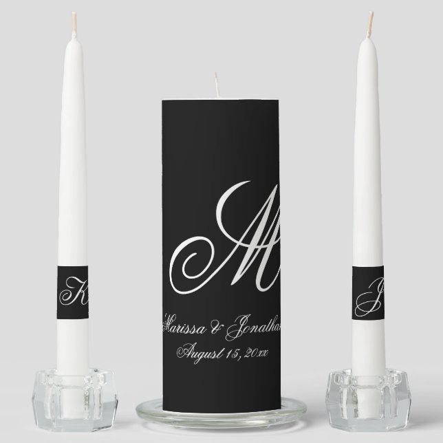 Elegant Black White Monogram Script Wedding Unity Candle Set (Front)