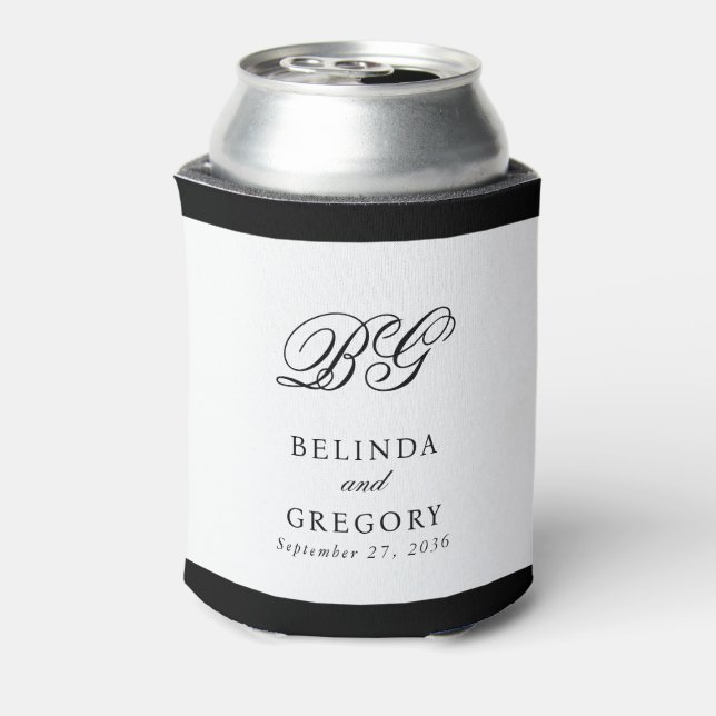 Elegant Black White Monogram Wedding Favor Can Cooler (Can Back)