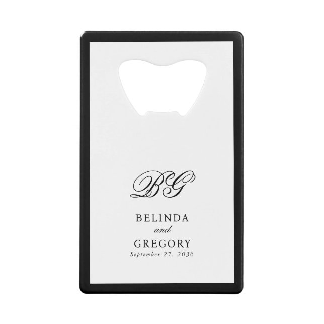 Elegant Black White Monogram Wedding Favor Credit Card Bottle Opener (Front)