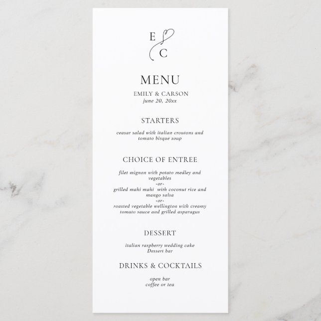 Elegant Black & White Monogram Wedding Menu (Front)