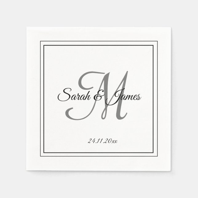 Elegant Black White Monogram Wedding Paper Napkin (Front)