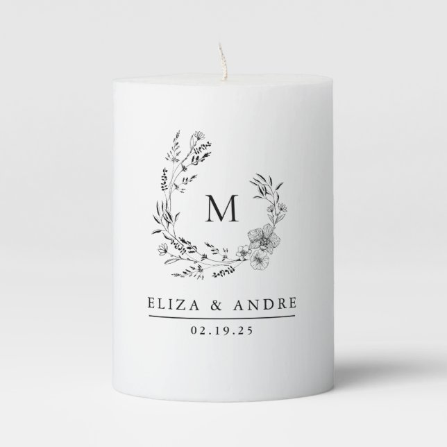 Elegant Black White Monogram Wedding Pillar Candle (Front)