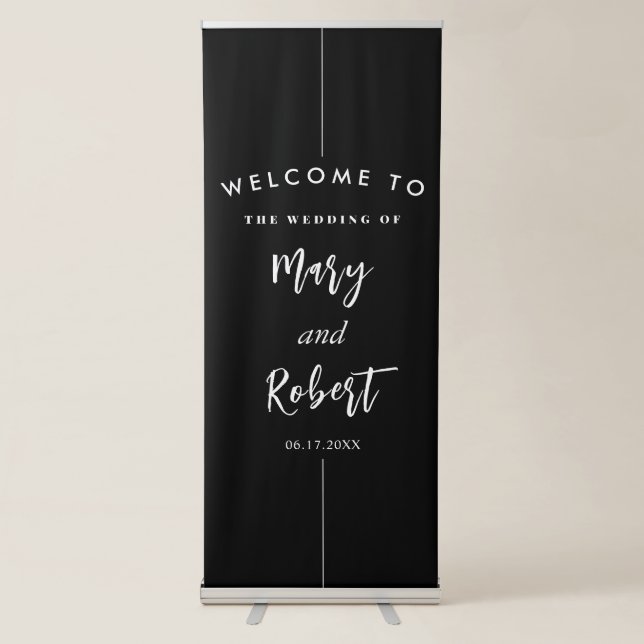 Elegant Black & White Monogram Wedding Retractable Banner (Front)