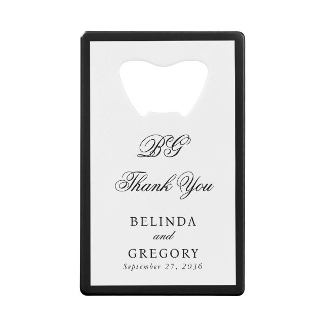 Elegant Black White Monogram Wedding Seating Chart Credit Card Bottle Opener (Front)
