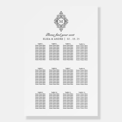 Elegant Black White Monogram Wedding Seating Chart Foam Board