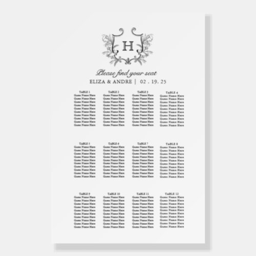 Elegant Black White Monogram Wedding Seating Chart Foam Board