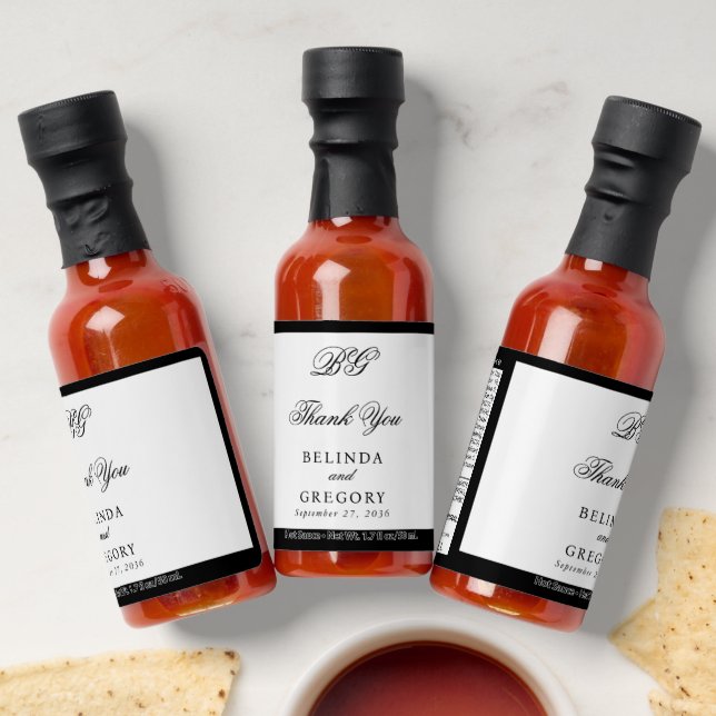 Elegant Black White Monogram Wedding Seating Chart Hot Sauces (Laydown)