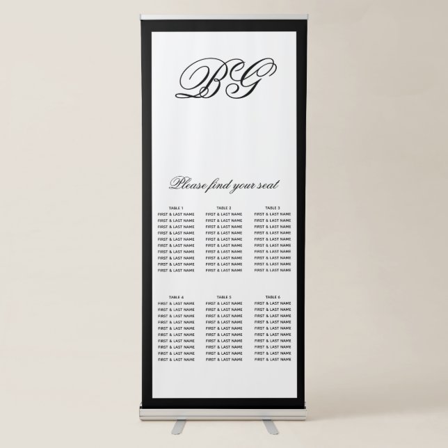 Elegant Black White Monogram Wedding Seating Chart Retractable Banner (Front)