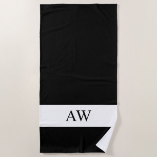 Elegant Black White Monogrammed Beach Towel
