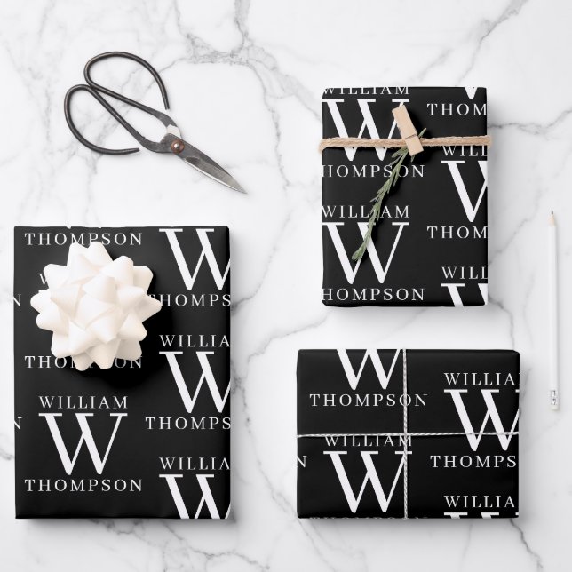 Elegant Black & White Monogrammed Name Initial Wrapping Paper Sheets (Front)