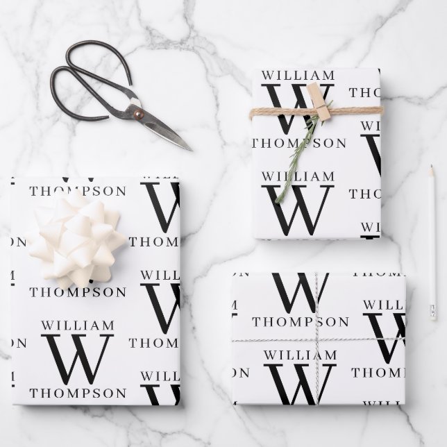 Elegant Black & White Monogrammed Name Wrapping Paper Sheets (Front)