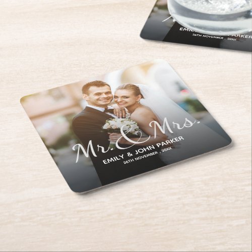 Elegant Black White Mr And Mrs Photo Wedding Party Square Paper Coaster