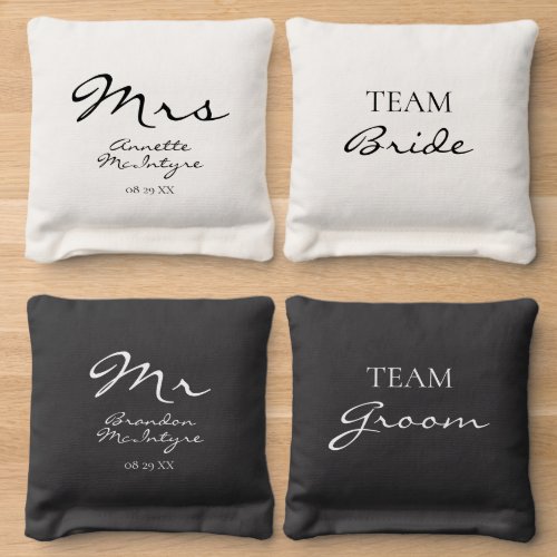 Elegant Black White Mr Mrs Team Bride Team Groom Cornhole Bags