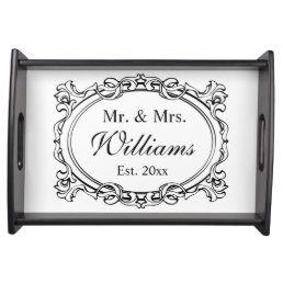 Elegant Black White Mr. &amp; Mrs. Wedding Serving Tray