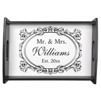 Elegant Black White Mr. & Mrs. Wedding Serving Tray