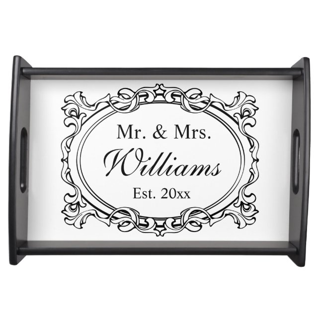 Elegant Black White Mr. & Mrs. Wedding Serving Tray (Front)