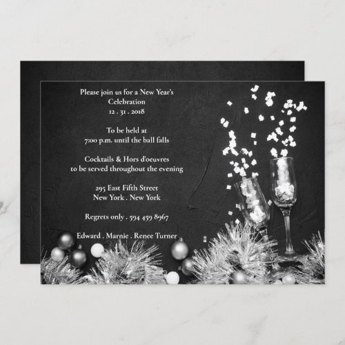 Elegant Black  White New Years Eve Party Invitation