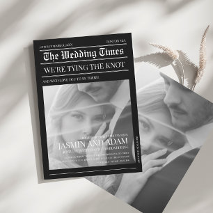 Elegant Black White Newspaper Photo Wedding Invitation
