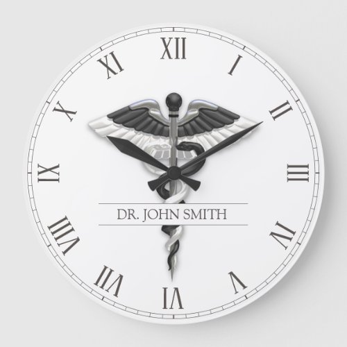Elegant Black White Noble Classy Medical Caduceus Large Clock