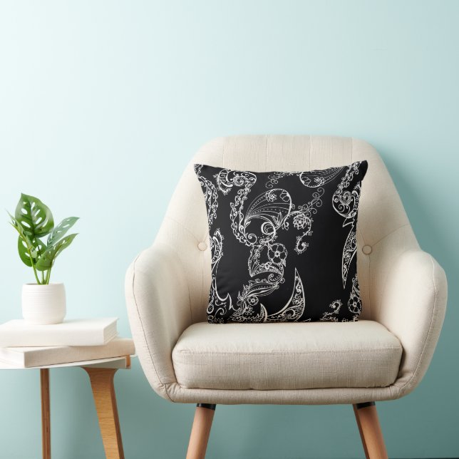 Elegant Black & White Paisley Throw Pillow (Chair)