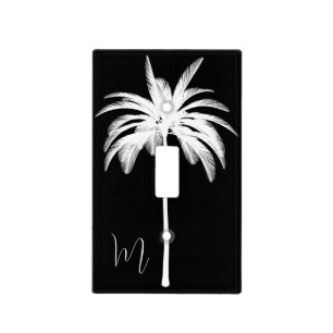 Elegant Black White Palm Tree Monogram Light Switch Cover