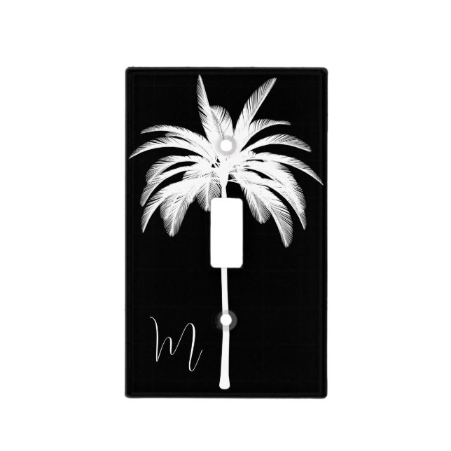 Elegant Black White Palm Tree Monogram Light Switch Cover (Front)