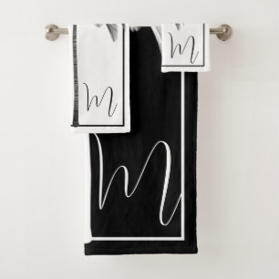 Elegant Black & White Palm Tree Monogram Tropical  Bath Towel Set
