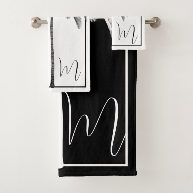 Elegant Black & White Palm Tree Monogram Tropical  Bath Towel Set (Insitu)