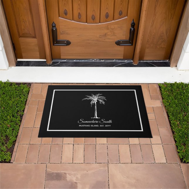 Elegant Black White Palm Tree Personalized Doormat (Outdoor)