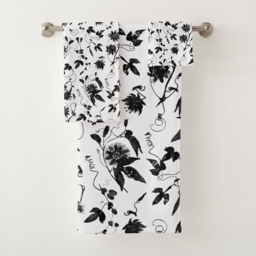 Elegant Black White Passion Flowers Pattern Bath Towel Set