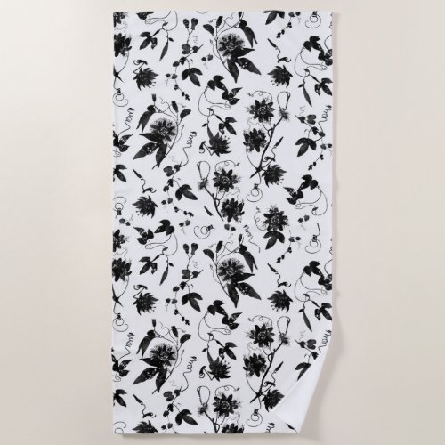 Elegant Black White Passion Flowers Pattern Beach Towel