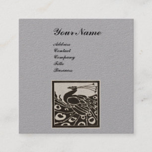 ELEGANT BLACK WHITE PEACOCK MONOGRAM Grey Paper Square Business Card