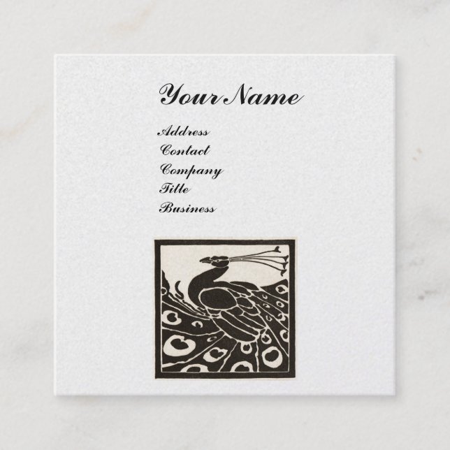 ELEGANT BLACK WHITE  PEACOCK MONOGRAM Pearl Square Business Card (Front)