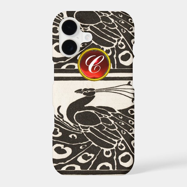 ELEGANT BLACK WHITE PEACOCK RED RUBY GEM MONOGRAM Case-Mate iPhone CASE (Back)
