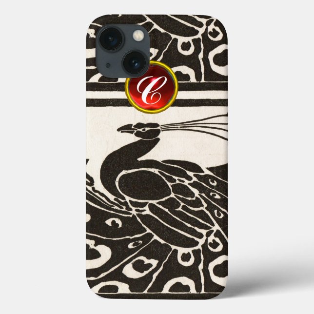 ELEGANT BLACK WHITE PEACOCK RED RUBY GEM MONOGRAM Case-Mate iPhone CASE (Back)