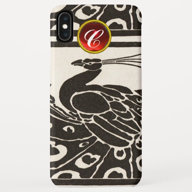 ELEGANT BLACK WHITE PEACOCK RED RUBY GEM MONOGRAM Case-Mate iPhone CASE (Back)