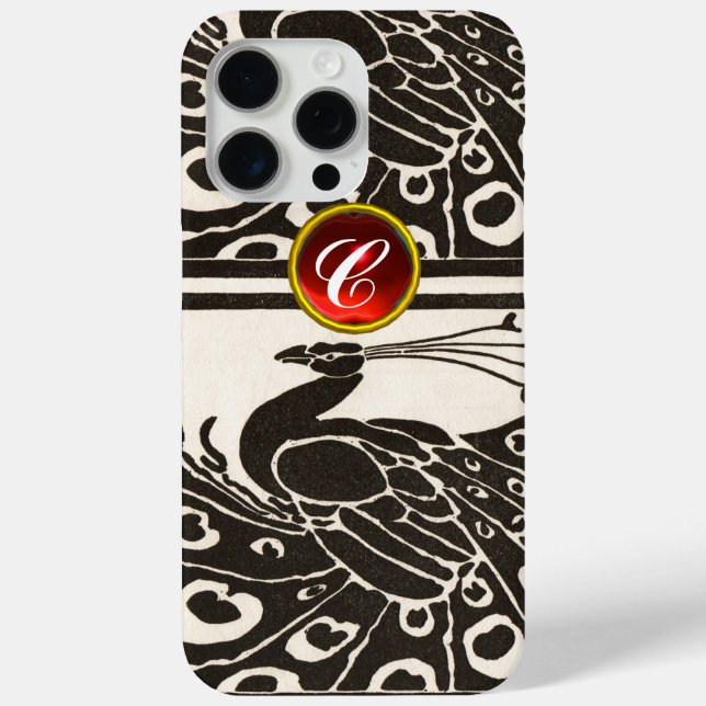 ELEGANT BLACK WHITE PEACOCK RED RUBY GEM MONOGRAM Case-Mate iPhone CASE (Back)