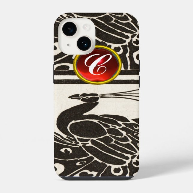 ELEGANT BLACK WHITE PEACOCK RED RUBY GEM MONOGRAM IPHONE CASE (Back)
