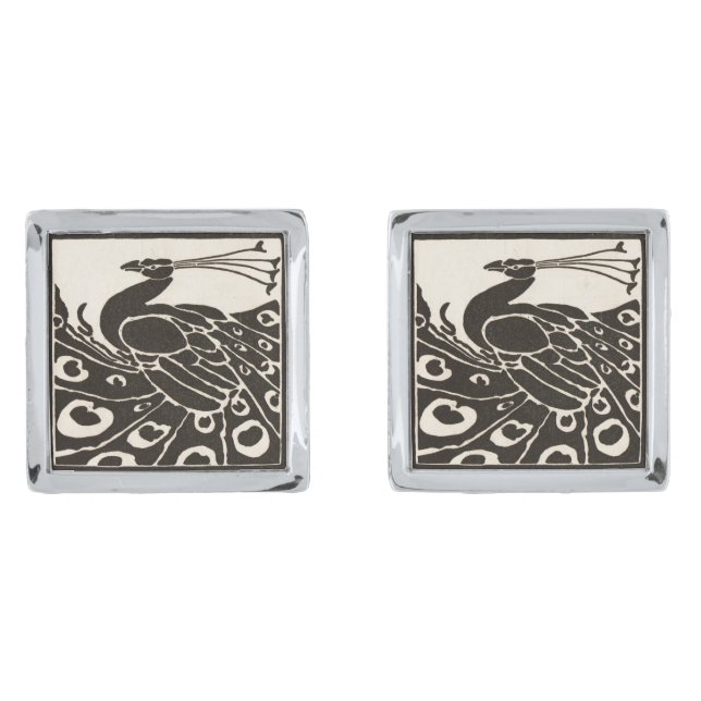 ELEGANT BLACK WHITE PEACOCK SILVER CUFFLINKS (Front)