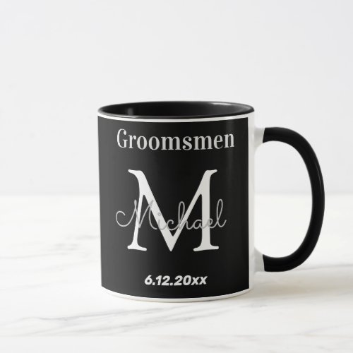 elegant black white personalized  groomsmen mug
