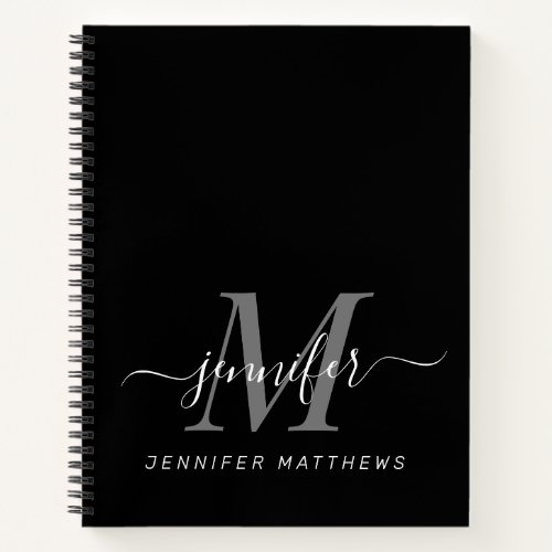 Elegant Black White Personalized Monogram Name Notebook