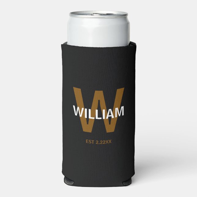 Elegant Black &White Personalized Name Monogram Seltzer Can Cooler (Seltzer Front)
