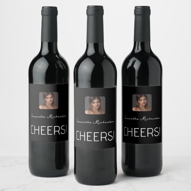Elegant Black White Personalized Photo Name Script Wine Label (Bottles)
