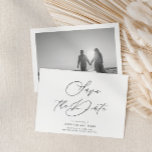 Elegant Black White Photo Back Wedding Horizontal Save The Date<br><div class="desc">This Save the Date horizontal announcement card features an elegant script heading and your custom text,  with a black and white photo on the back.  Use the template to add your information.  The colors and the filter on the photo mask can be changed using the Design Tool.</div>