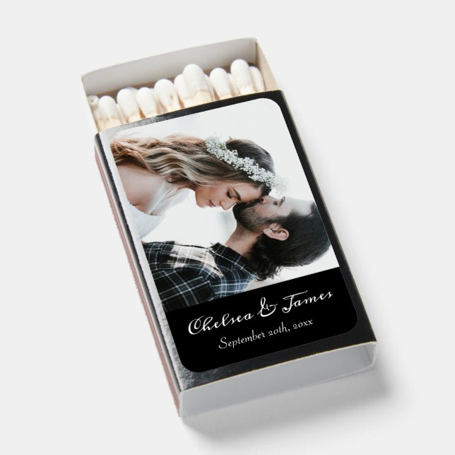 Elegant Black & White Photo Calligraphy Wedding  Matchboxes (Front Open)
