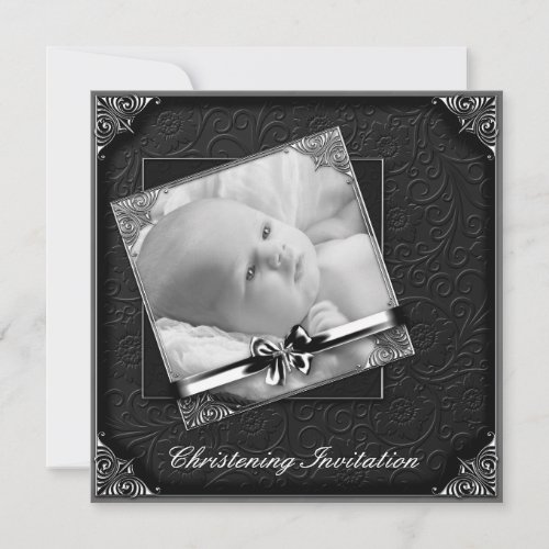 Elegant Black White Photo Christening Personalized Announcements