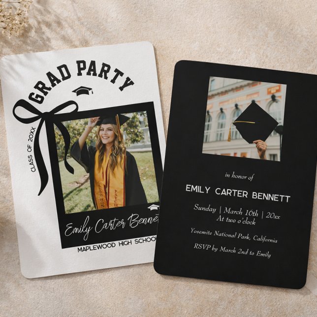 Elegant Black White Photo Coquette Bow Graduation  Invitation (Creator Uploaded)